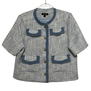 AZI Womens Blazer XL Blue Jacket Denim Trim Sparkly‎ Spring Old Money Pockets
